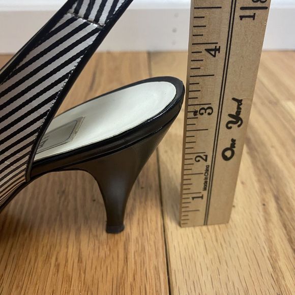 Bally Pom Pom Peep Toe Heels Black White Stripe Slingback, Size 6. 3” Heel‎ - Picture 11 of 13